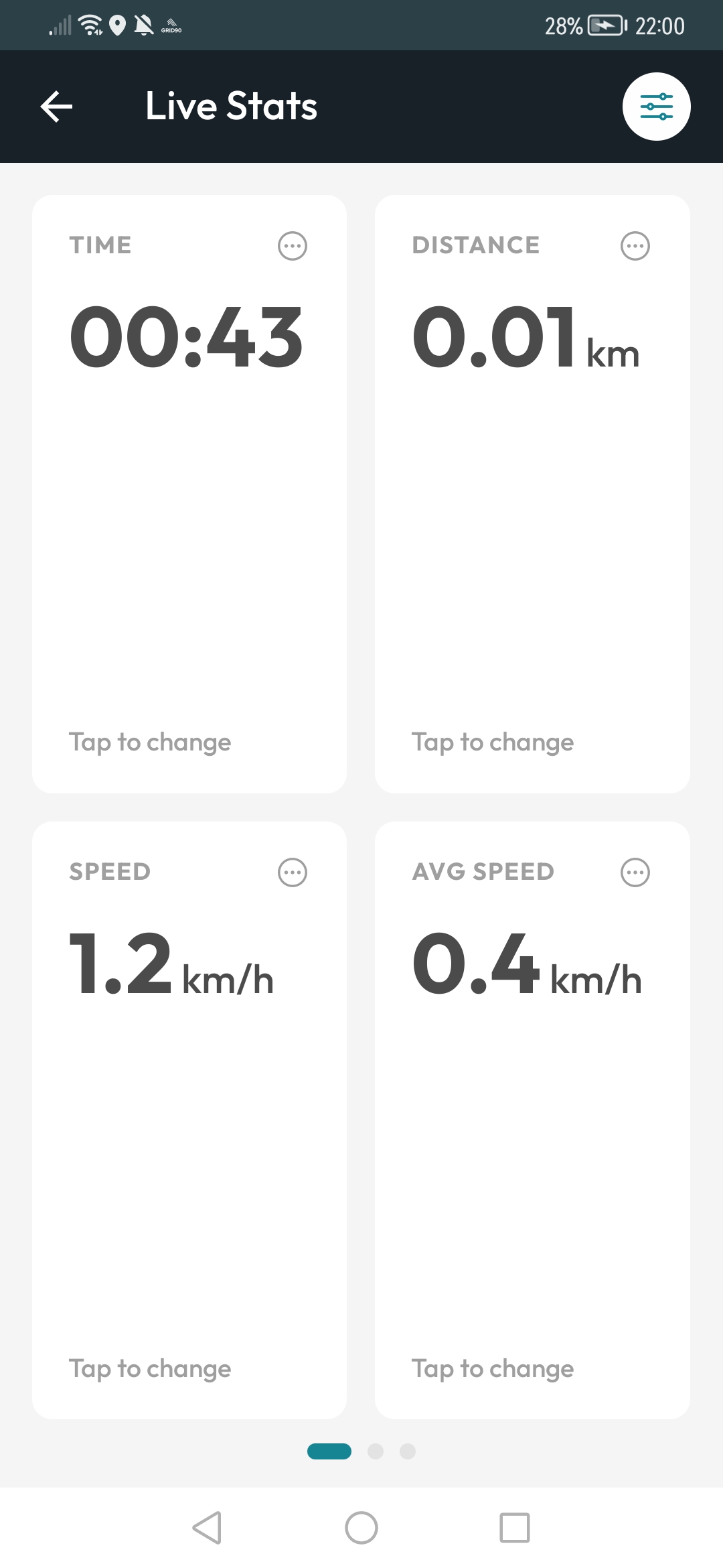 Live stats screen with time, distance and speed