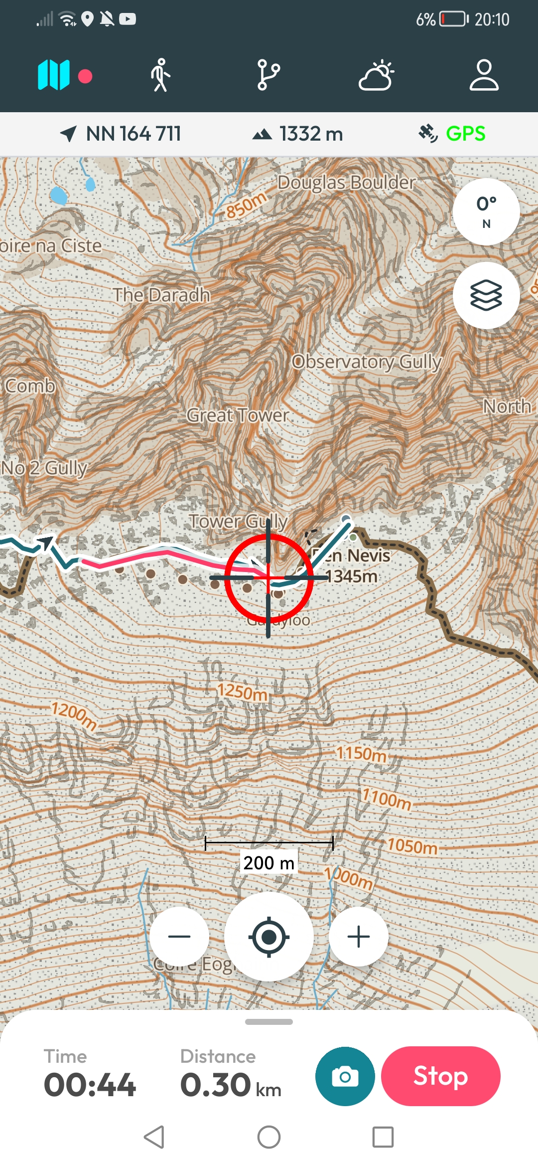 Live navigation on Ben Nevis with contour map and route line