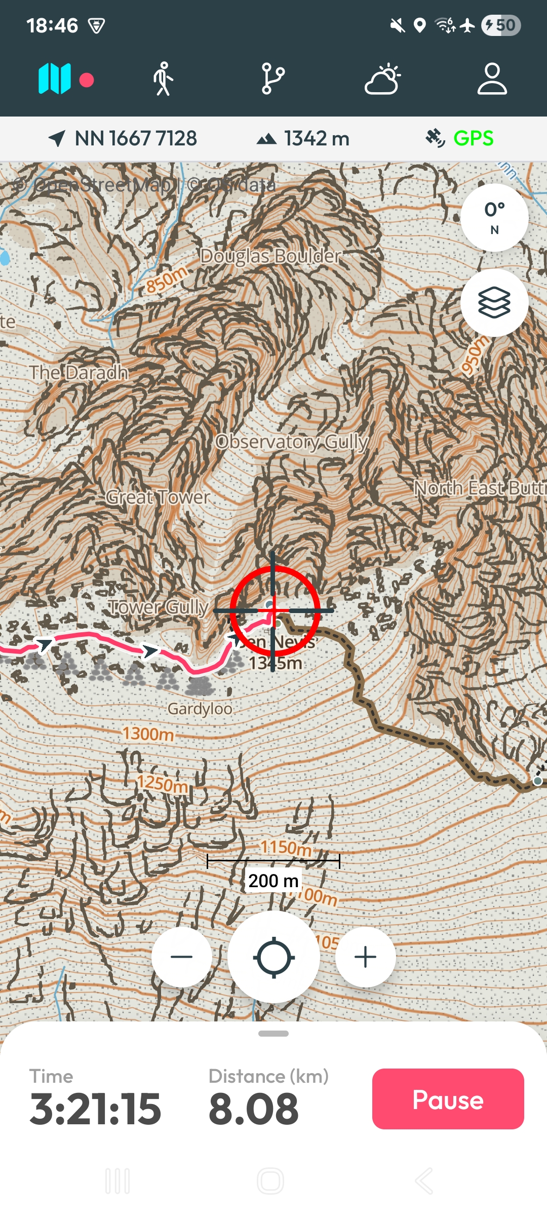 Live navigation on Ben Nevis with contour map and route line