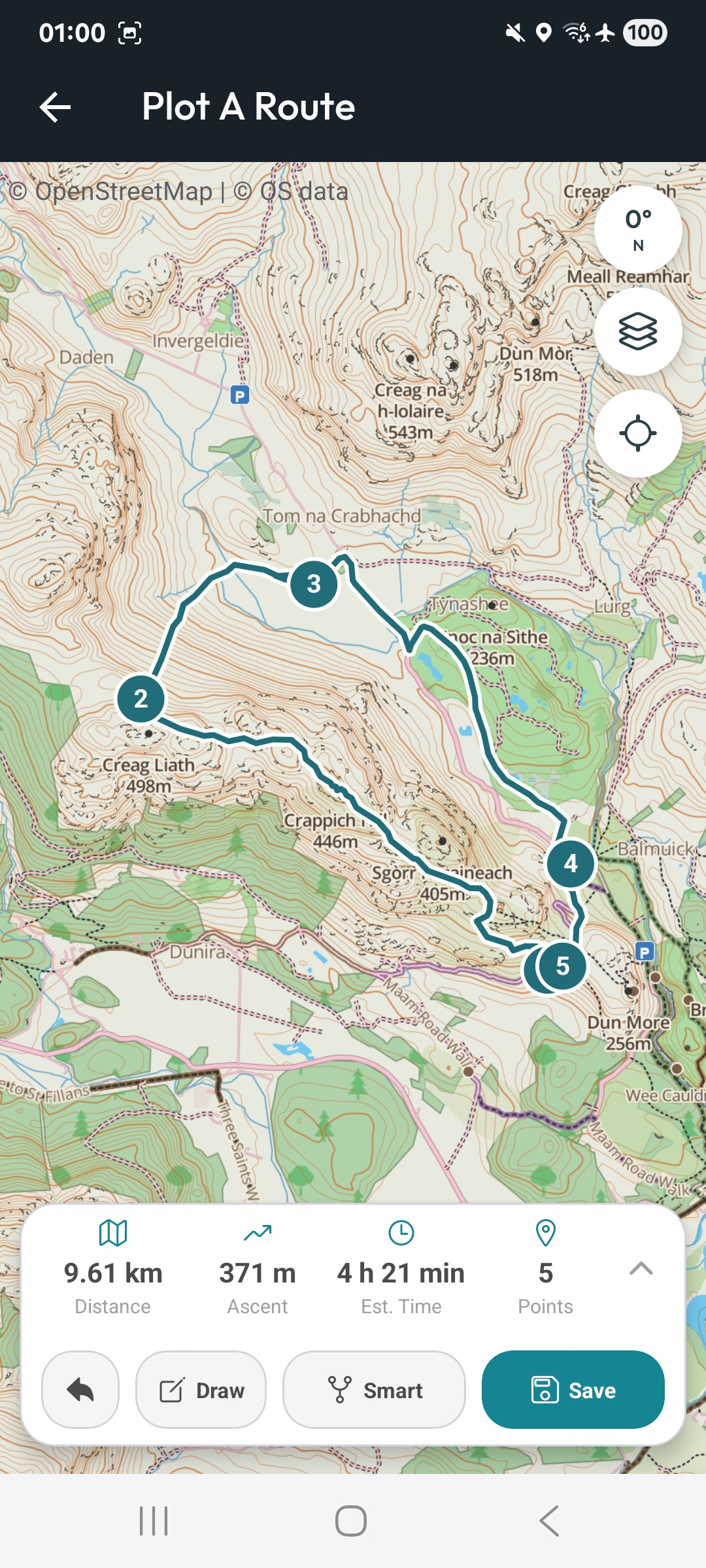 The Plot A Route screen: a multi-point route snapped to paths across a topographic map, with live distance, ascent, estimated time and point count