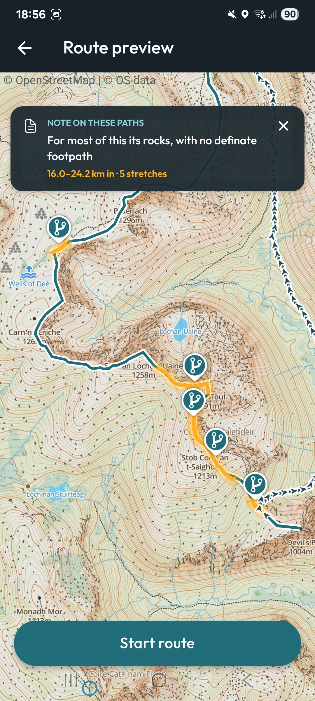 Route detail showing the track drawn on a topographic map, an elevation profile, and distance, time and ascent totals