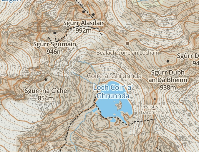 Grid90 topographic map style with contour lines and grid squares